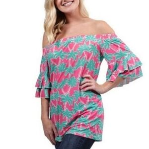 Simply Southern Women Size Medium Ruffle Off Shoulder Tropical Blouse Top NWOT